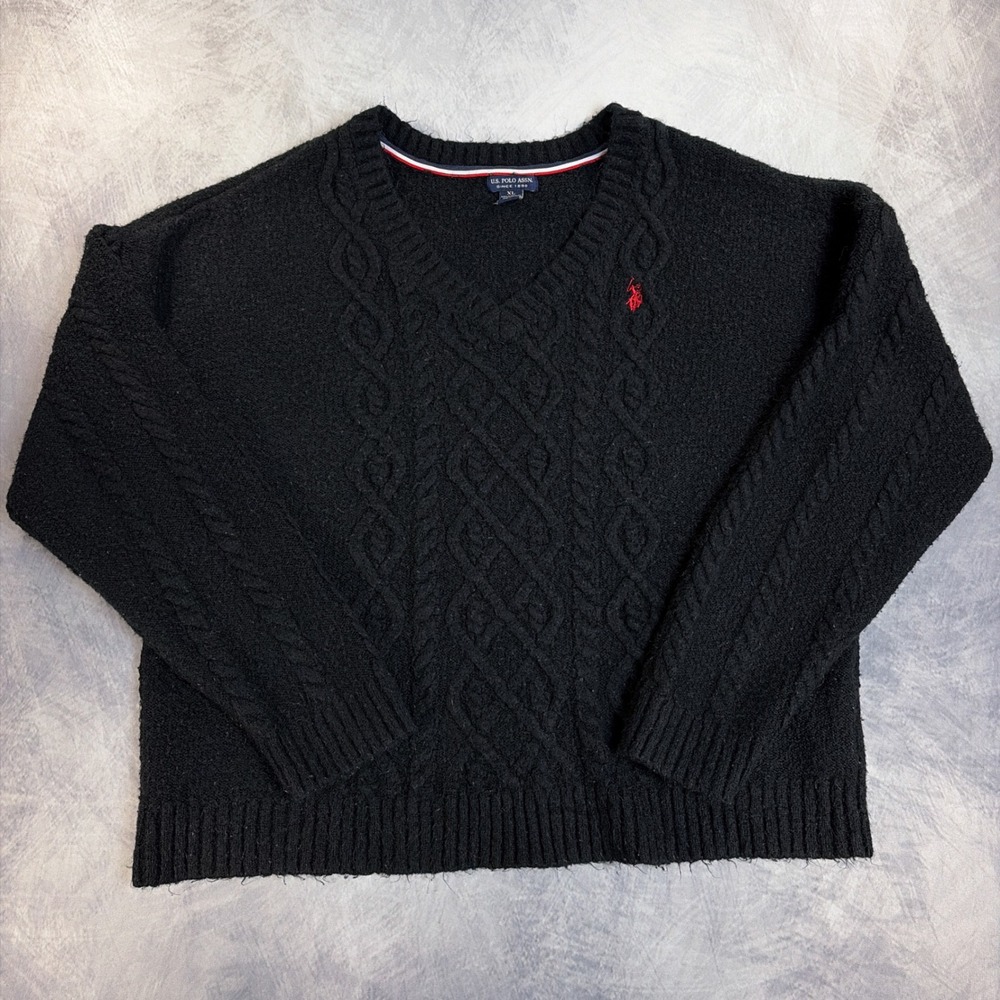 U.S. Polo Assn. Sweater Mens XL Black Cable Knit V-Neck Long Sleeve Logo